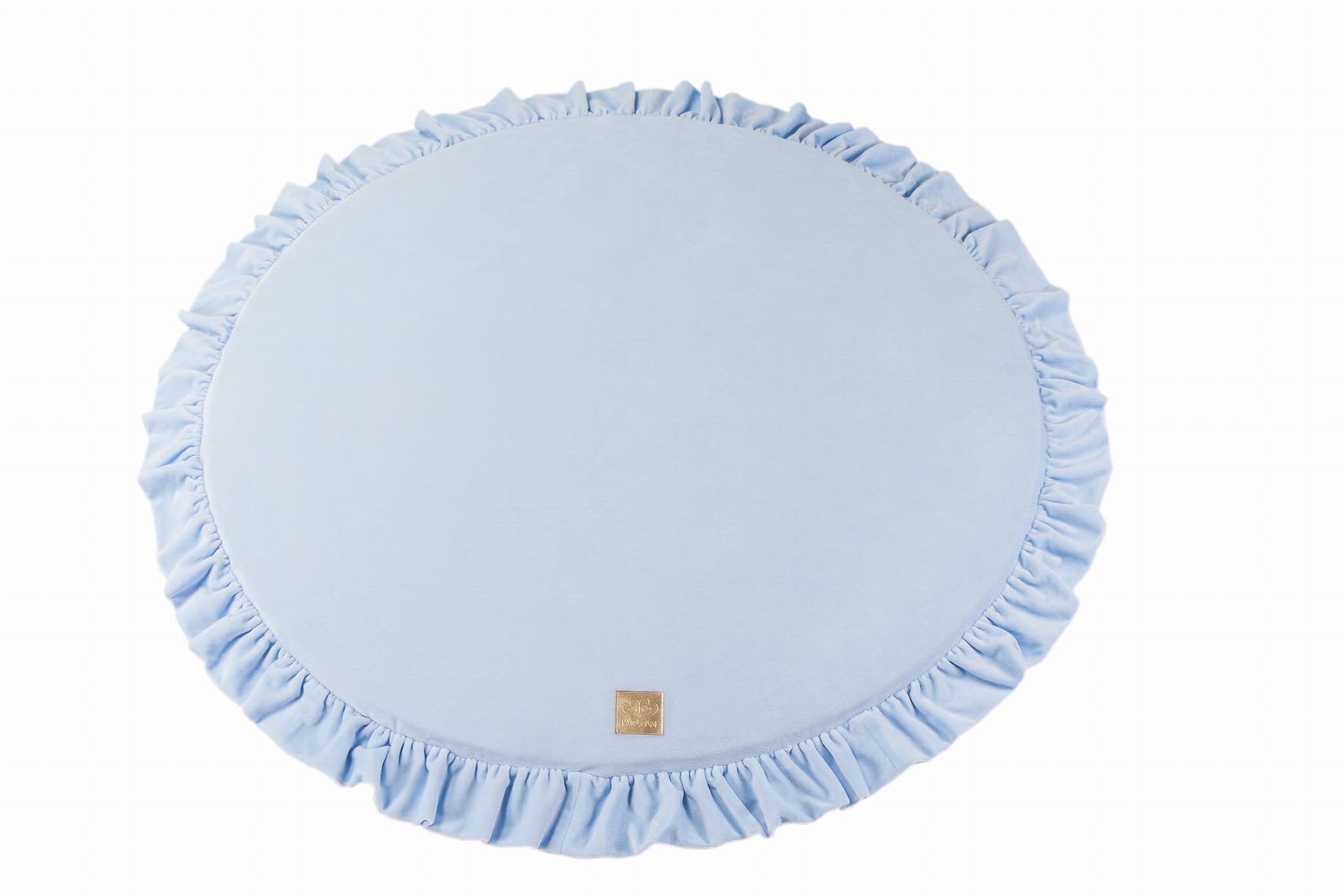 1. Baby blue round play mat with frill edge on white background, featuring MeowBaby brand logo