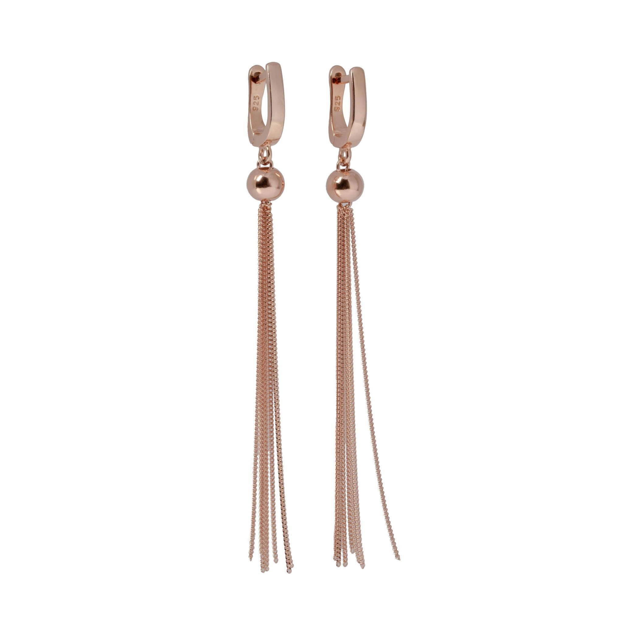 1. MyaMoon Mya Friday Night Earrings in rose gold with delicate ball and fine chains, featuring classic English lock, studio shot
