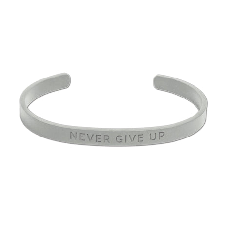 2. Men's silver 'Never Give Up' bracelet by Olla, crafted from polished stainless metal, studio shot