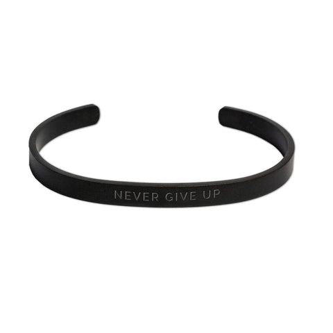 3. Men's matte black 'Never Give Up' bracelet by Olla, durable and lightweight design, studio shot