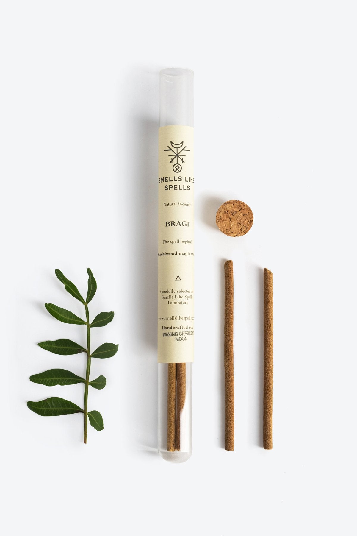 3. Smells Like Spells Natural Incense BRAGI with green leaf, showcasing eco-friendly packaging and incense sticks