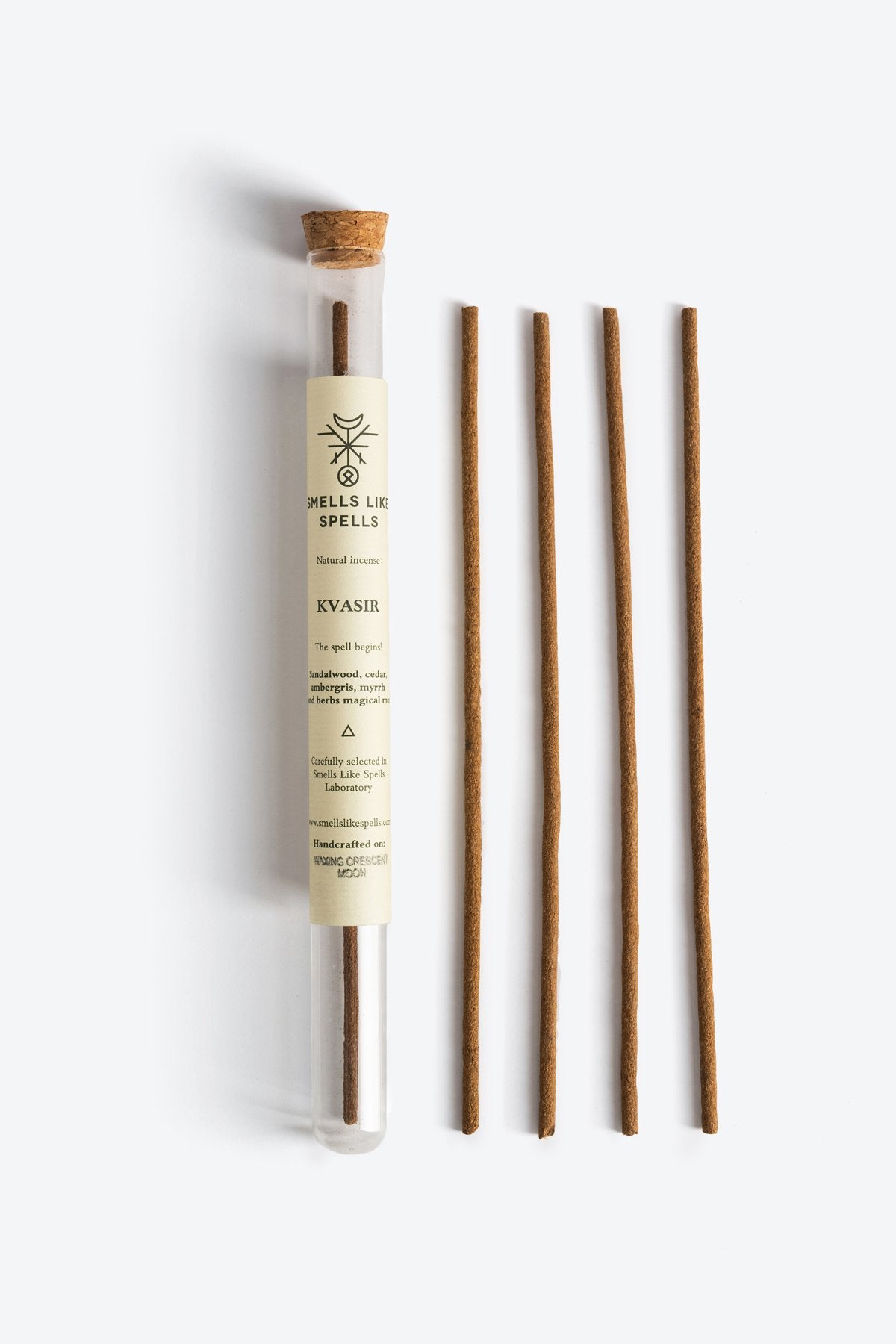 2. Smells Like Spells Natural Incense KVASIR sticks in glass tube, highlighting plant-based ingredients