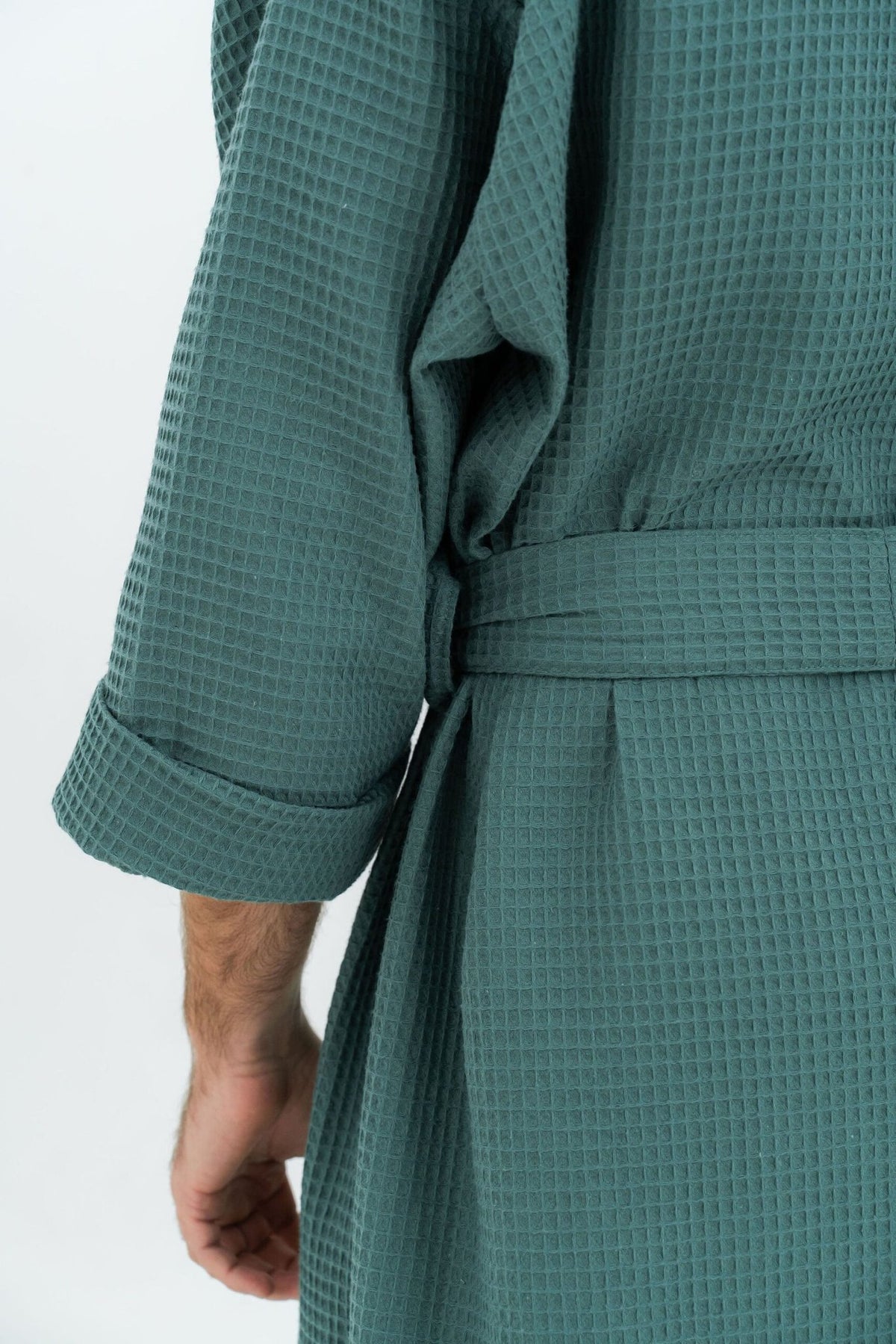 10. Close-up of green waffle robe showing back and belt detail