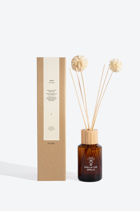 2. Smells Like Spells Home Perfume ODIN with packaging, featuring diffuser sticks and amber glass bottle