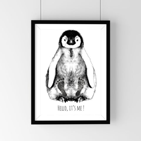 1. Personalized baby penguin footprint kit in black frame featuring hand-drawn penguin with text 'Hello, it's me!' on white background, ideal for nursery decor.