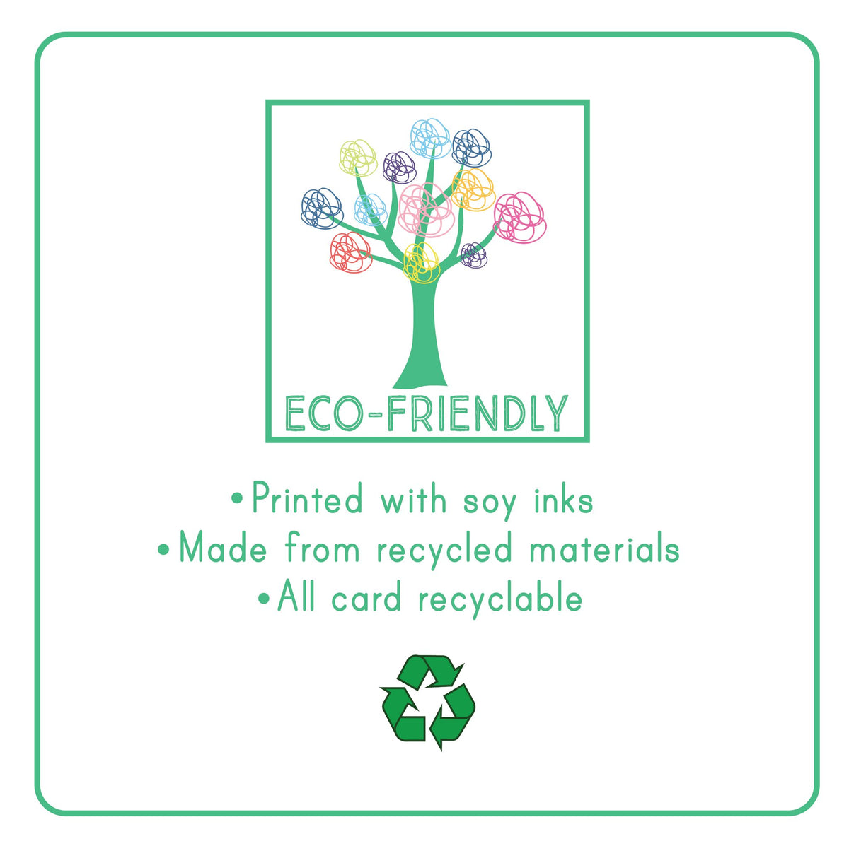 5. Eco-friendly label with colorful tree, printed with soy inks, made from recycled materials