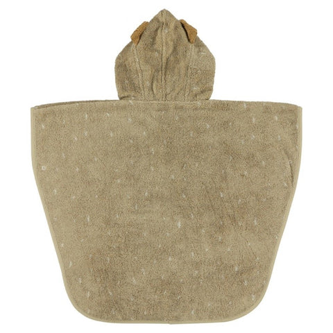 2. Kids' hooded bathing poncho in beige with dog design, shown from back on white background