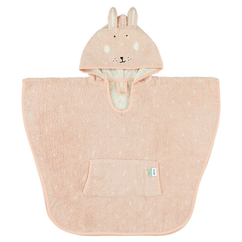2. Pink hooded bathing poncho with rabbit face and ears, front view on white background