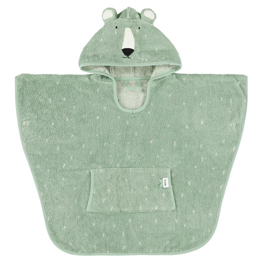 1. Front view of green hooded bathing poncho for kids featuring a polar bear face and ears, with a front pocket, made from organic cotton terry cloth