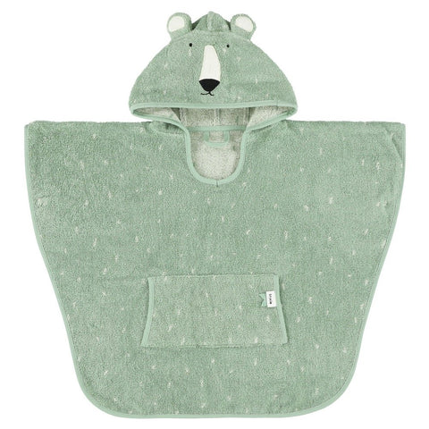 1. Front view of green hooded bathing poncho for kids featuring a polar bear face and ears, with a front pocket, made from organic cotton terry cloth