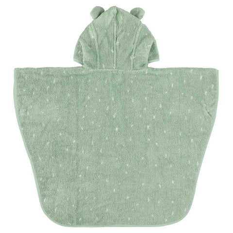 2. Back view of green hooded bathing poncho for kids with bear ears, made from organic cotton terry cloth