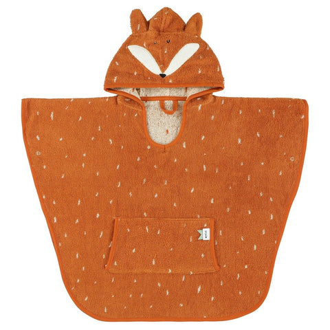 3. Front view of orange fox-themed hooded bathing poncho with pocket and white speckled pattern