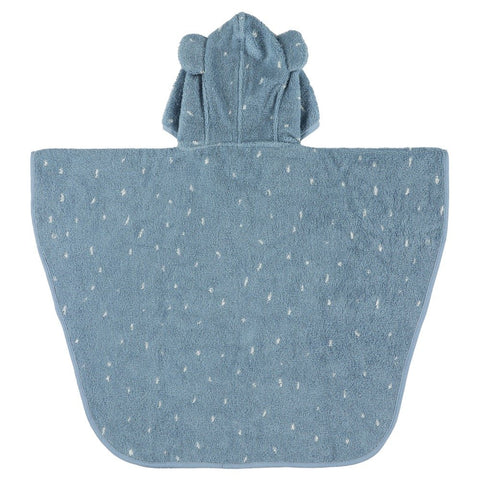 2. Back view of blue kids' hooded bathing poncho with elephant ears and dotted pattern, made from organic cotton terry cloth