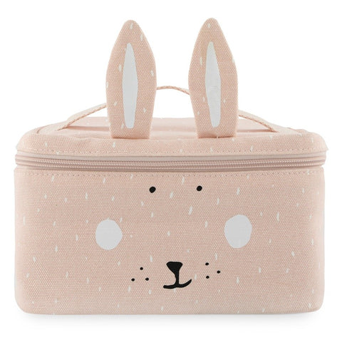 1. Trixie Baby Mrs. Rabbit thermal lunch bag with playful rabbit face design and ears, beige color, shown in studio setting