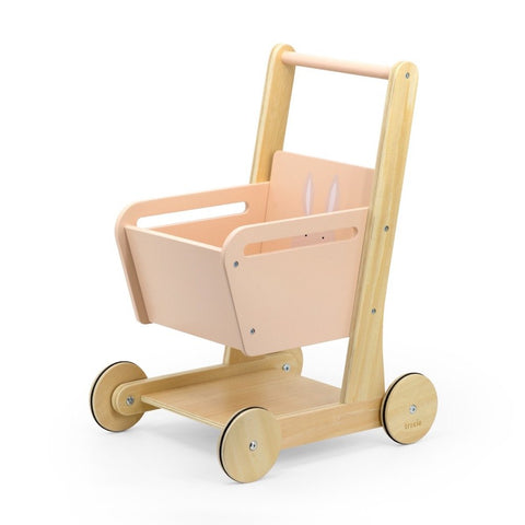 2. Trixie Baby Wooden Shopping Cart with Mrs. Rabbit design on white background, showing front and side view