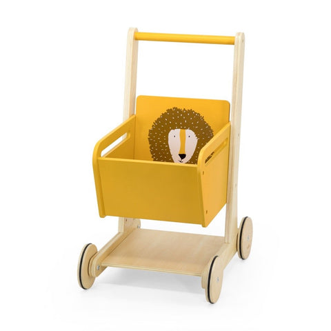 3. Front view of Trixie Baby Wooden Shopping Cart with Mr. Lion design, highlighting basket and wheels