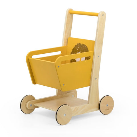 2. Trixie Baby Wooden Shopping Cart with Mr. Lion design in yellow, featuring a basket and shelf, shown in studio setting