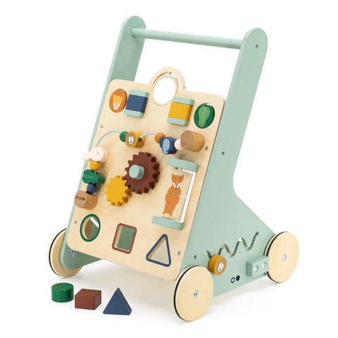 3. Trixie Baby Wooden Activity Walker with removable shapes and animal designs on a white background