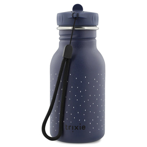 3. Close-up of Trixie Baby stainless steel bottle showing black carrying loop and brand logo on blue background