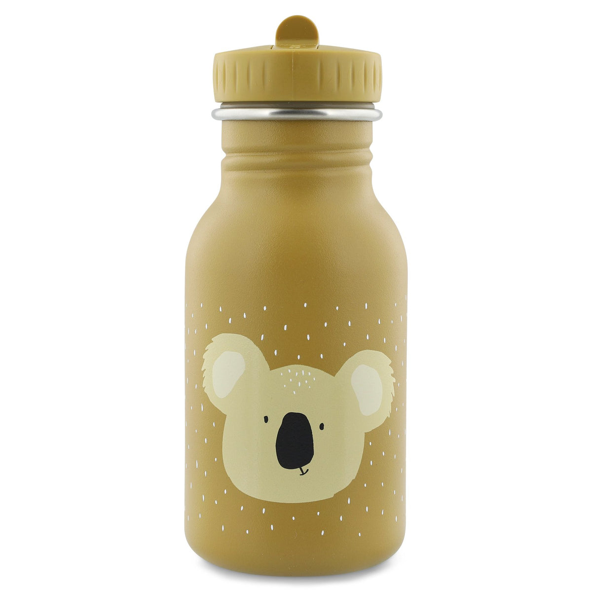 2. Mustard-colored stainless steel bottle with a koala face illustration and easy-to-open cap, designed for children.