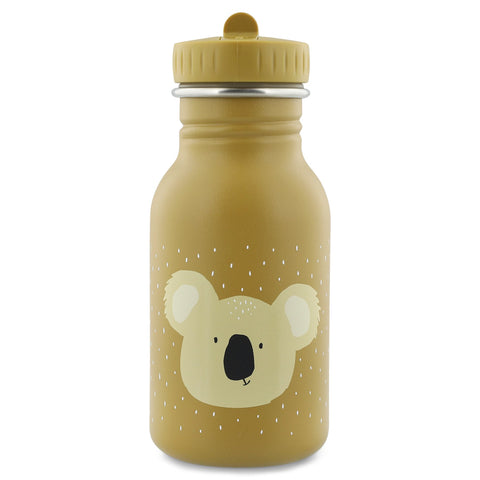 2. Mustard-colored stainless steel bottle with a koala face illustration and easy-to-open cap, designed for children.