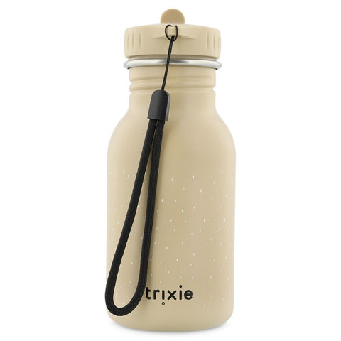 2. Beige stainless steel bottle with black carrying loop and Trixie logo on clean background