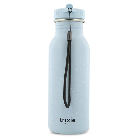 3. Back view of light blue Trixie Baby bottle with black carrying loop and logo