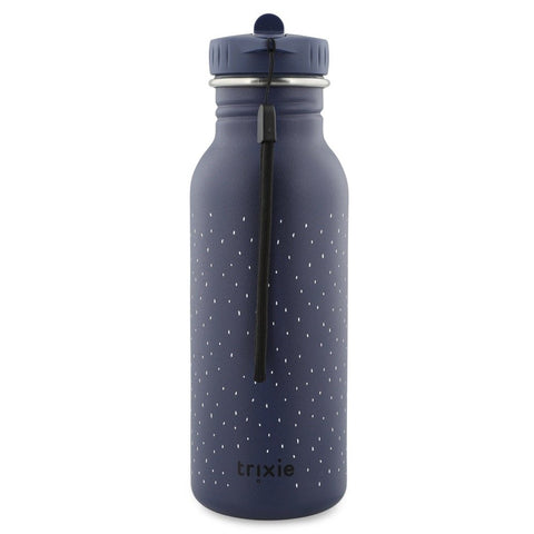 2. Studio shot of Trixie Baby Mr Penguin stainless steel bottle in navy with dotted pattern and carrying loop