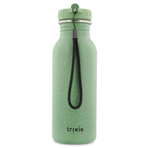 1. Green stainless steel bottle with black loop and Trixie logo on white background