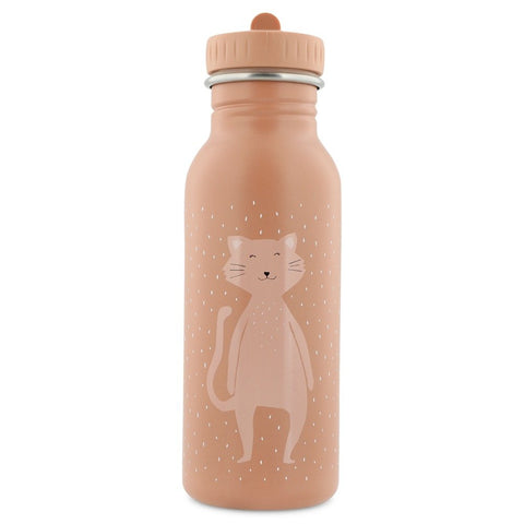 2. Trixie Baby Mrs Cat stainless steel bottle in studio, featuring front view with cat illustration on peach color
