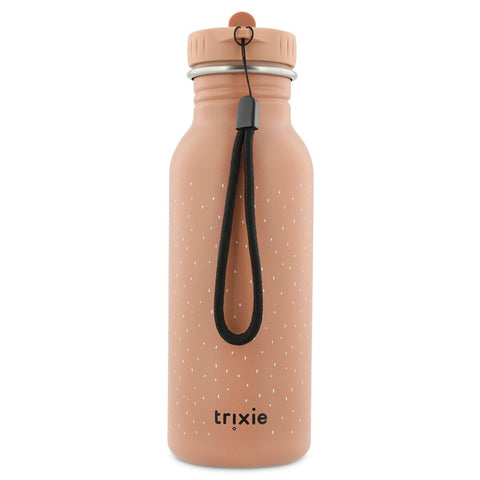 2. Trixie Baby Mrs Cat stainless steel bottle in studio, showing back with black carrying loop and Trixie logo on peach color