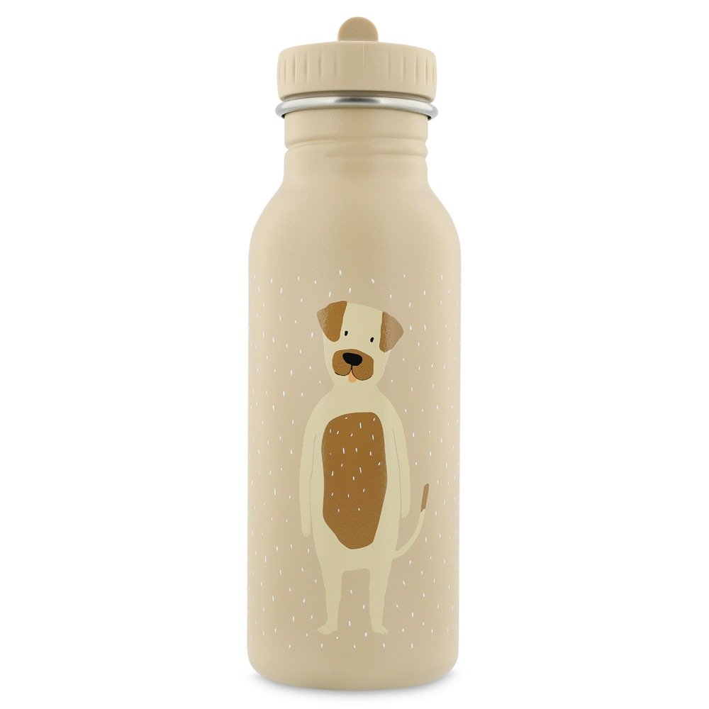 2. Beige stainless steel bottle with dog illustration on white background