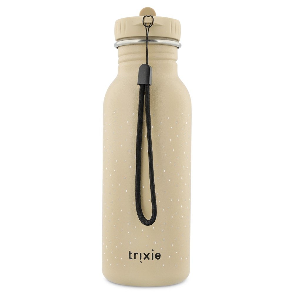 2. Back view of beige stainless steel bottle with Trixie logo and black carrying loop