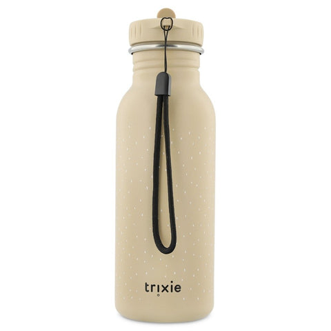 2. Back view of beige stainless steel bottle with Trixie logo and black carrying loop