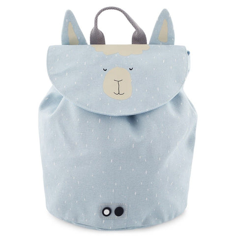 2. Front view of Trixie Baby Mr Alpaca Mini Drawstring Backpack in light blue with alpaca face and ears