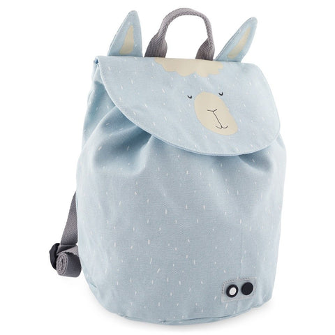2. Side view of Trixie Baby Mr Alpaca Mini Drawstring Backpack in light blue with alpaca face design and ears