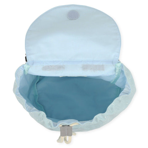 3. Interior view of Trixie Baby Mr Alpaca Mini Drawstring Backpack showing light blue lining and drawstring closure
