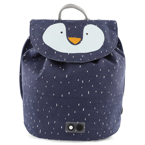 2. Front view of Trixie Baby Mini Drawstring Backpack in navy with Mr Penguin design, featuring a cute penguin face and white speckles on cotton fabric