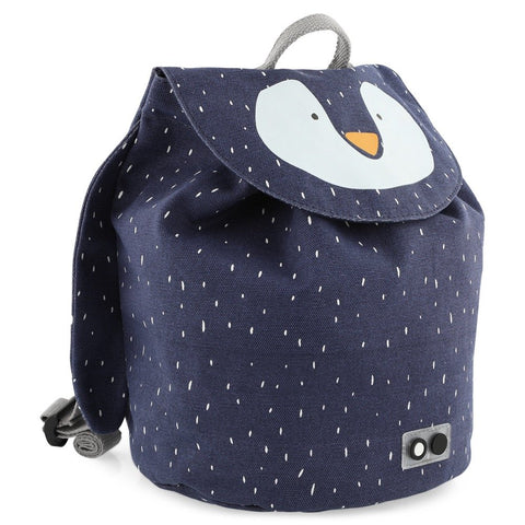 2. Side view of Trixie Baby Mini Drawstring Backpack in navy with Mr Penguin design, showing adjustable straps and penguin face flap