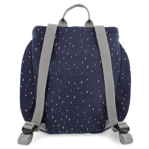 2. Back view of Trixie Baby Mini Drawstring Backpack in navy with Mr Penguin design, featuring grey adjustable straps and speckled pattern