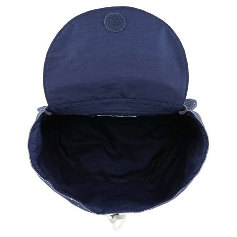 3. Interior view of Trixie Baby Mini Drawstring Backpack in navy, showing spacious compartment with open flap