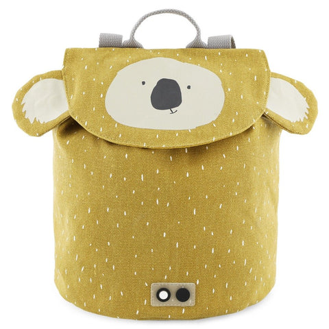 2. Trixie Baby Mini Drawstring Backpack Mr Koala in mustard yellow with koala face and ears, front view