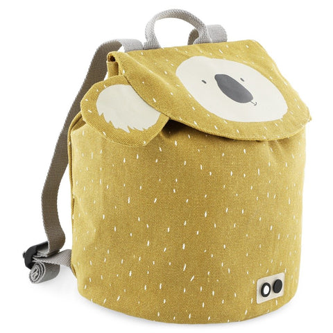 2. Side view of Trixie Baby Mini Drawstring Backpack Mr Koala in mustard yellow with koala face and ears