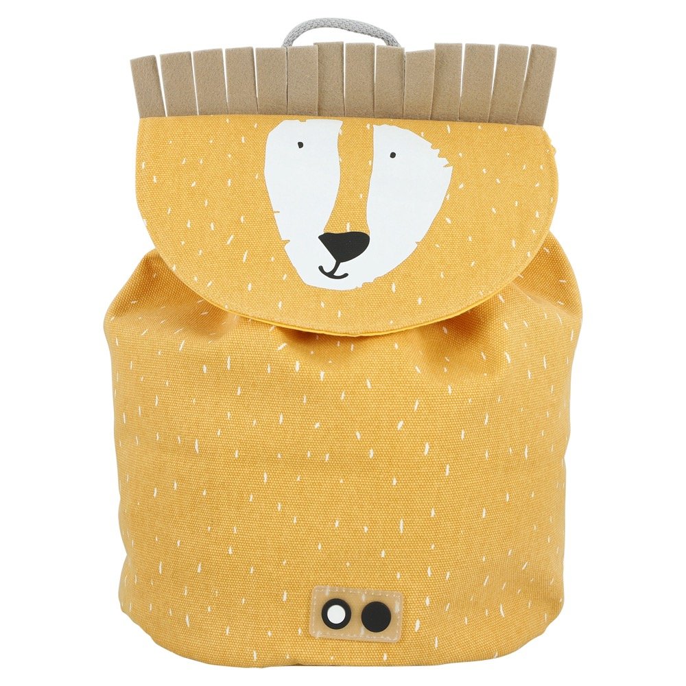 1. Front view of Trixie Baby Mini Drawstring Backpack in yellow with lion face and mane detail