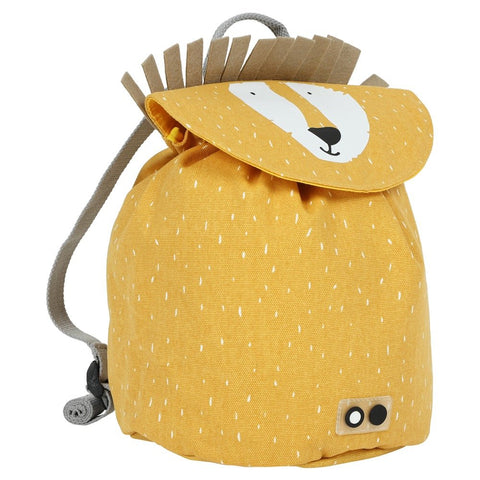 2. Side view of Trixie Baby Mini Drawstring Backpack in yellow with lion face flap and mane detail