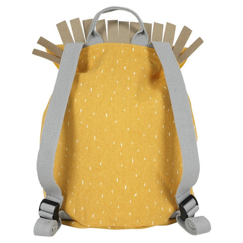3. Back view of Trixie Baby Mini Drawstring Backpack in yellow with grey straps and lion mane detail