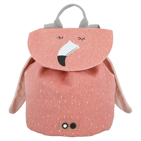 1. Front view of Trixie Baby Mini Drawstring Backpack in Mrs Flamingo design, featuring a pink cotton exterior with a flamingo face and ears, ideal for children aged 3 and up