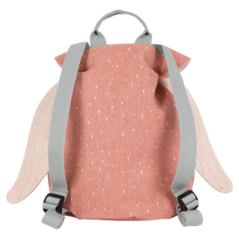 2. Back view of Trixie Baby Mini Drawstring Backpack in Mrs Flamingo design, showing adjustable grey straps and pink cotton fabric, suitable for young children