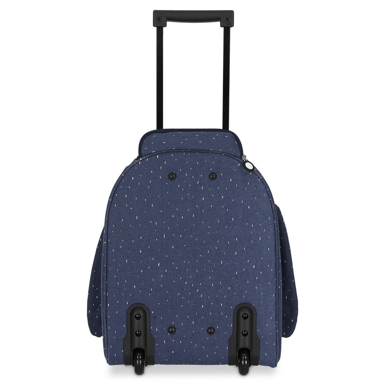 3. Back view of Trixie Baby Mr Penguin kids' travel trolley in navy with wheels and telescopic handle