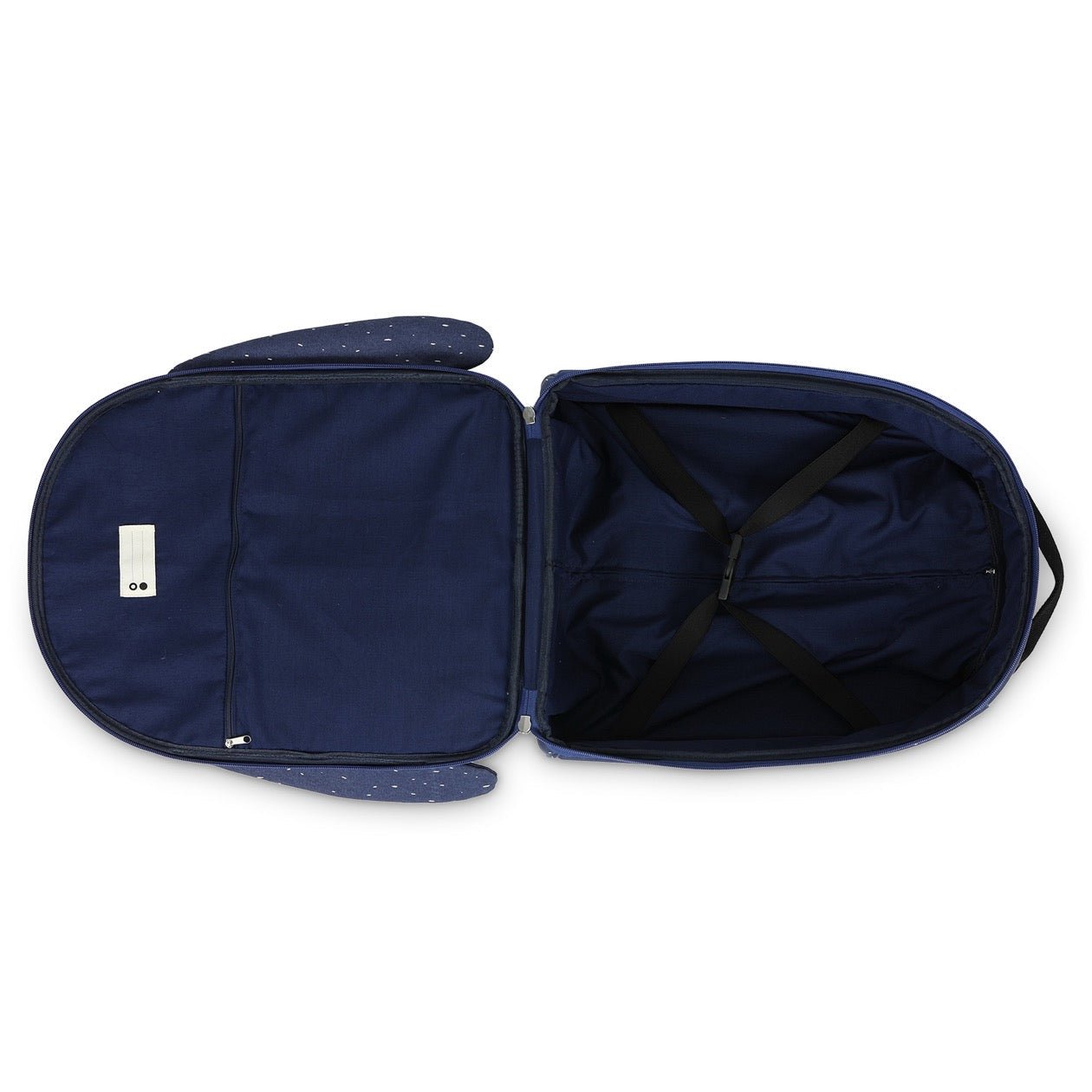 4. Open view of Trixie Baby Mr Penguin kids' travel trolley showing spacious interior and straps